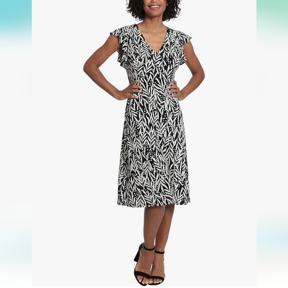 NorthStyle Leaf Print V-Neck Ruffle Sleeve Dress. Black White. Size 10. New with